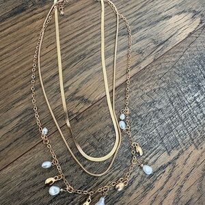 Gold Multi-Strand Pearl Drop Necklace